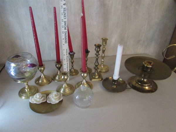 BRASS CANDLESTICK COLLECTION INCLUDING PRINCESS HOUSE CANDLE HOLDER