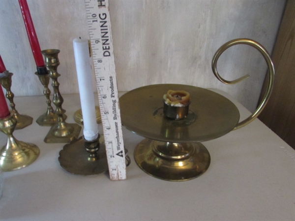 BRASS CANDLESTICK COLLECTION INCLUDING PRINCESS HOUSE CANDLE HOLDER