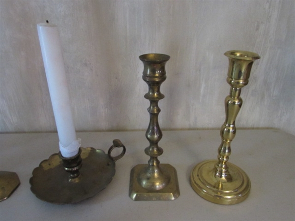 BRASS CANDLESTICK COLLECTION INCLUDING PRINCESS HOUSE CANDLE HOLDER