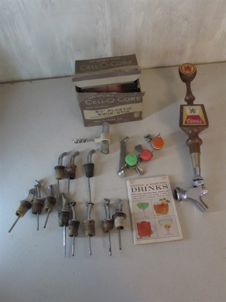 VINTAGE CHROME LIQUOR BOTTLE TOPPER POUR SPOUTS, CORK SCREW, COORS BEER TAP AND SWIZ-STIX