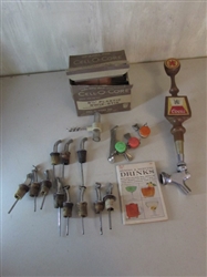 VINTAGE CHROME LIQUOR BOTTLE TOPPER POUR SPOUTS, CORK SCREW, COORS BEER TAP AND SWIZ-STIX