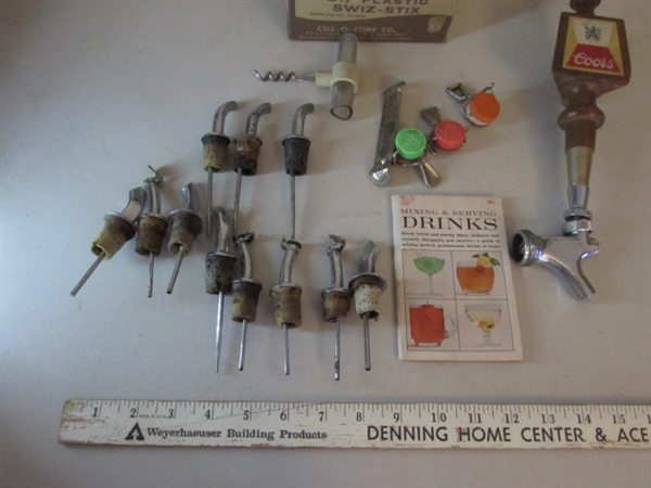 VINTAGE CHROME LIQUOR BOTTLE TOPPER POUR SPOUTS, CORK SCREW, COORS BEER TAP AND SWIZ-STIX