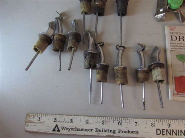 VINTAGE CHROME LIQUOR BOTTLE TOPPER POUR SPOUTS, CORK SCREW, COORS BEER TAP AND SWIZ-STIX
