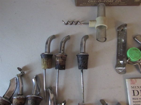 VINTAGE CHROME LIQUOR BOTTLE TOPPER POUR SPOUTS, CORK SCREW, COORS BEER TAP AND SWIZ-STIX