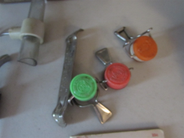 VINTAGE CHROME LIQUOR BOTTLE TOPPER POUR SPOUTS, CORK SCREW, COORS BEER TAP AND SWIZ-STIX