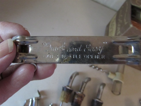 VINTAGE CHROME LIQUOR BOTTLE TOPPER POUR SPOUTS, CORK SCREW, COORS BEER TAP AND SWIZ-STIX
