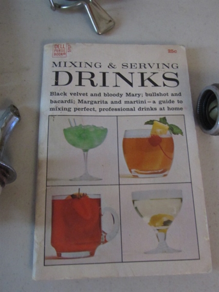 VINTAGE CHROME LIQUOR BOTTLE TOPPER POUR SPOUTS, CORK SCREW, COORS BEER TAP AND SWIZ-STIX