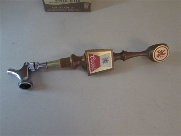 VINTAGE CHROME LIQUOR BOTTLE TOPPER POUR SPOUTS, CORK SCREW, COORS BEER TAP AND SWIZ-STIX