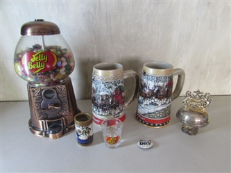 VINTAGE COPPER JELLY BELLY GUMBALL MACHINE, TUACA LIQUOR BOTTLE TOPPER, BUDWEISER STEINS AND SHOT GLASSES