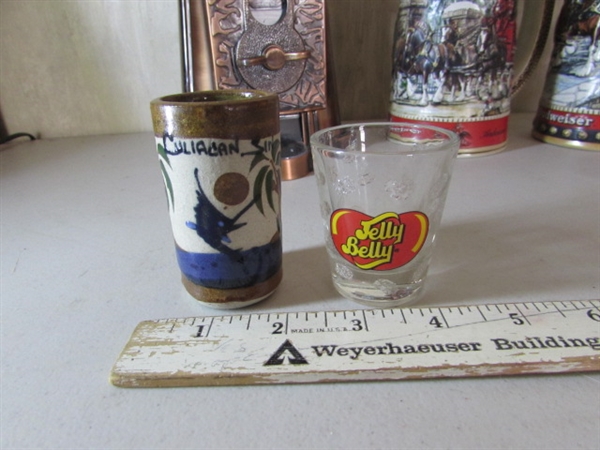 VINTAGE COPPER JELLY BELLY GUMBALL MACHINE, TUACA LIQUOR BOTTLE TOPPER, BUDWEISER STEINS AND SHOT GLASSES