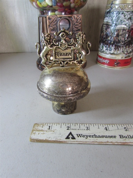 VINTAGE COPPER JELLY BELLY GUMBALL MACHINE, TUACA LIQUOR BOTTLE TOPPER, BUDWEISER STEINS AND SHOT GLASSES