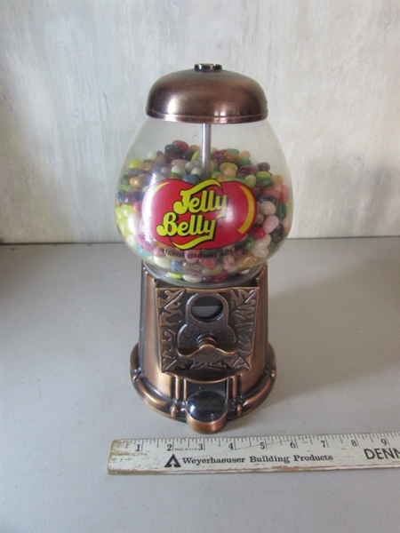 VINTAGE COPPER JELLY BELLY GUMBALL MACHINE, TUACA LIQUOR BOTTLE TOPPER, BUDWEISER STEINS AND SHOT GLASSES