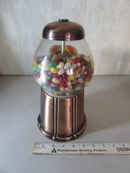 VINTAGE COPPER JELLY BELLY GUMBALL MACHINE, TUACA LIQUOR BOTTLE TOPPER, BUDWEISER STEINS AND SHOT GLASSES