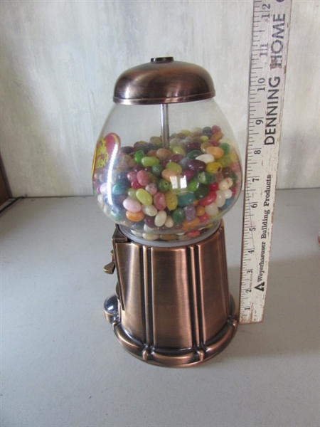 VINTAGE COPPER JELLY BELLY GUMBALL MACHINE, TUACA LIQUOR BOTTLE TOPPER, BUDWEISER STEINS AND SHOT GLASSES