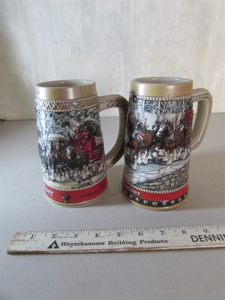 VINTAGE COPPER JELLY BELLY GUMBALL MACHINE, TUACA LIQUOR BOTTLE TOPPER, BUDWEISER STEINS AND SHOT GLASSES