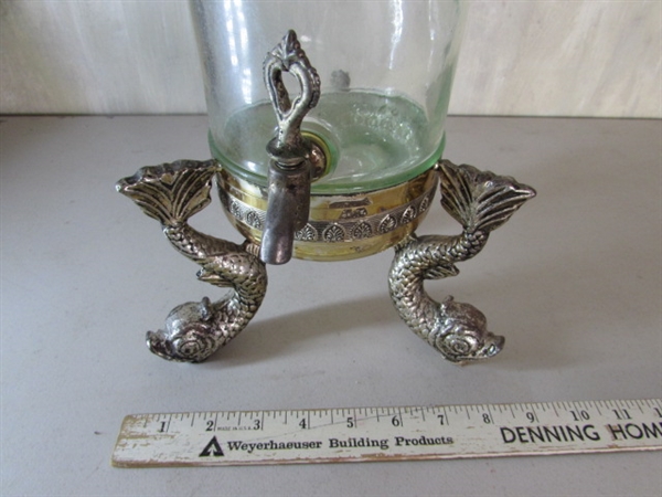 VINTAGE ITALIAN TUONI & CANEPA ONE GALLON DECANTER, WROUGHT IRON WINE DISPENSER & DUCKS DECANTER