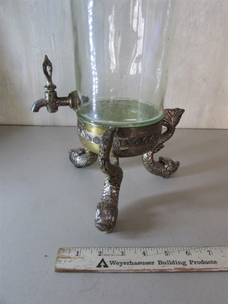 VINTAGE ITALIAN TUONI & CANEPA ONE GALLON DECANTER, WROUGHT IRON WINE DISPENSER & DUCKS DECANTER