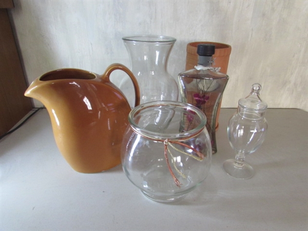 ANTIQUE HALL WATER PITCHER, TERRACOTTA WINE CROCK AND MORE