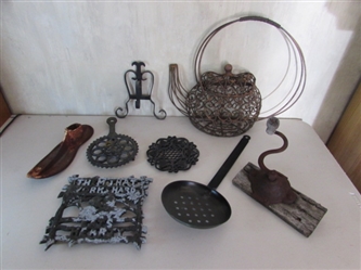 RUSTIC METAL WALL ART, COBBLER SHOE FORM & TRIVET
