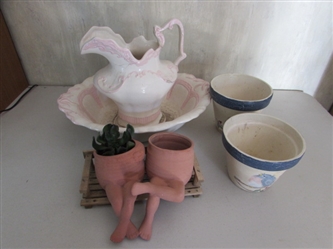 TERRACOTTA PLANTERS RESTING ON BENCH, POTS & VICTORIAN PITCHER & BOWL