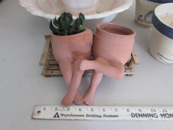 TERRACOTTA PLANTERS RESTING ON BENCH, POTS & VICTORIAN PITCHER & BOWL