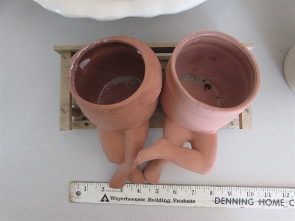 TERRACOTTA PLANTERS RESTING ON BENCH, POTS & VICTORIAN PITCHER & BOWL