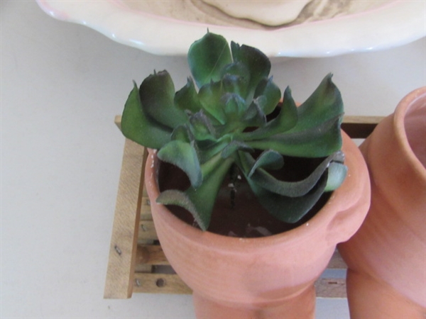 TERRACOTTA PLANTERS RESTING ON BENCH, POTS & VICTORIAN PITCHER & BOWL