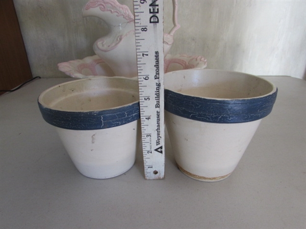 TERRACOTTA PLANTERS RESTING ON BENCH, POTS & VICTORIAN PITCHER & BOWL