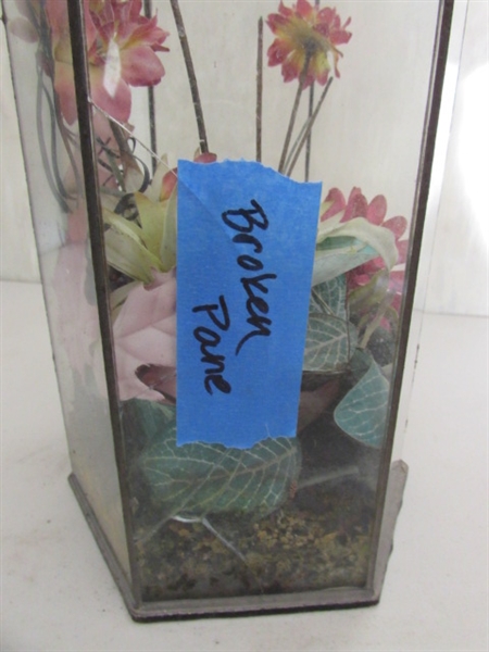 SMALL GLASS TERRARIUM AND IRON DECOR