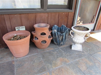 TERRACOTTA STRAWBERRY POT AND PLASTIC PLANTERS