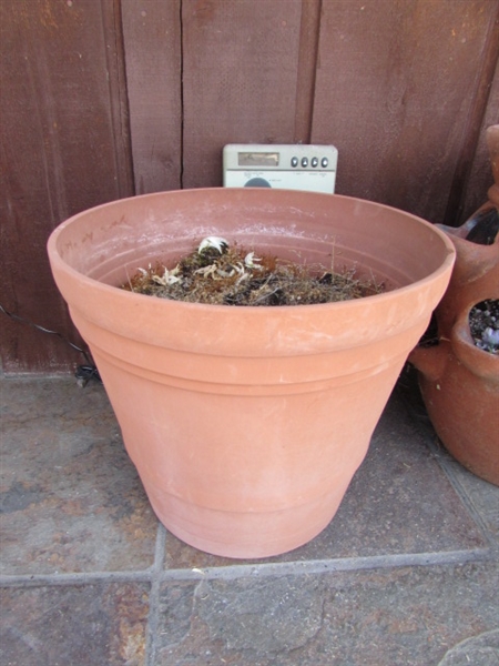 TERRACOTTA STRAWBERRY POT AND PLASTIC PLANTERS