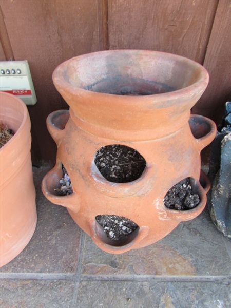 TERRACOTTA STRAWBERRY POT AND PLASTIC PLANTERS
