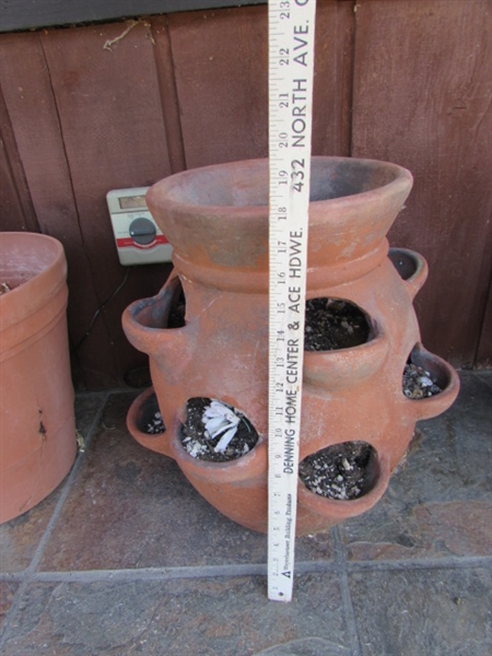 TERRACOTTA STRAWBERRY POT AND PLASTIC PLANTERS