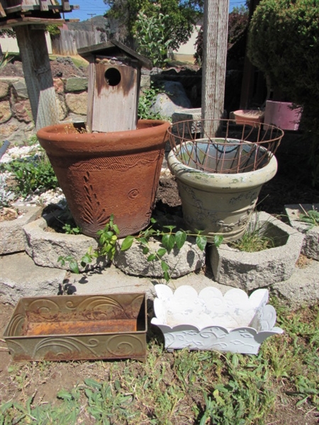 ASSORTED PLANTERS & BIRDHOUSE