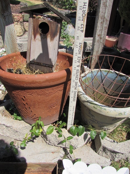 ASSORTED PLANTERS & BIRDHOUSE