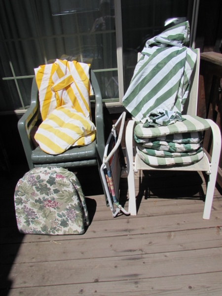 ASSORTED LAWN CHAIRS, CHAIR COVERS & CUSHIONS