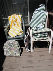 ASSORTED LAWN CHAIRS, CHAIR COVERS & CUSHIONS
