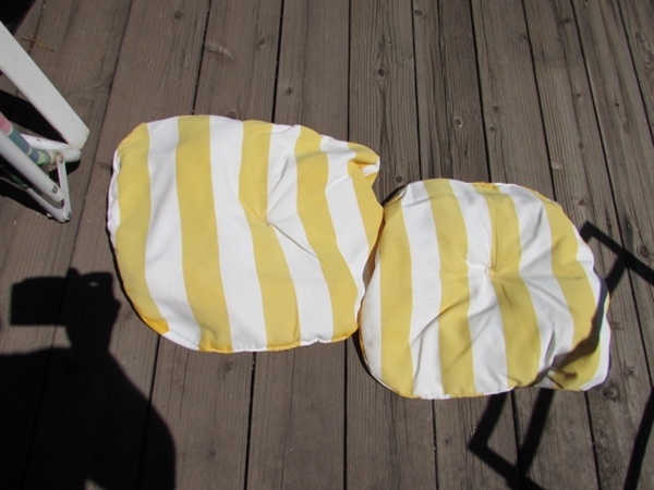 ASSORTED LAWN CHAIRS, CHAIR COVERS & CUSHIONS
