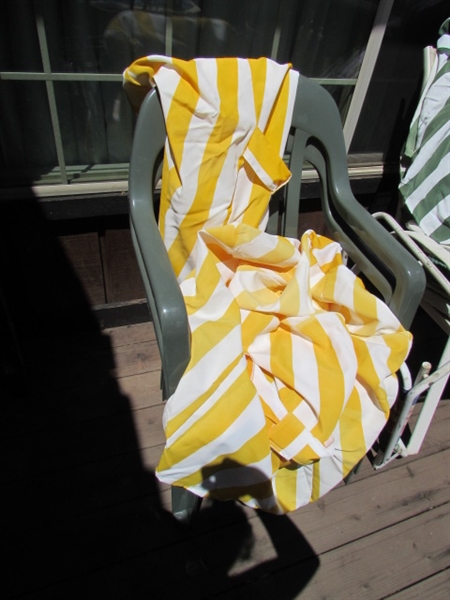 ASSORTED LAWN CHAIRS, CHAIR COVERS & CUSHIONS