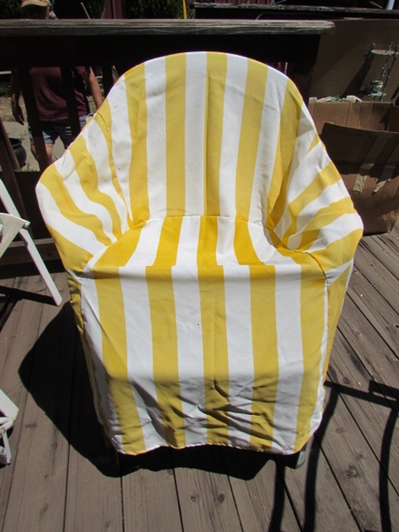 ASSORTED LAWN CHAIRS, CHAIR COVERS & CUSHIONS