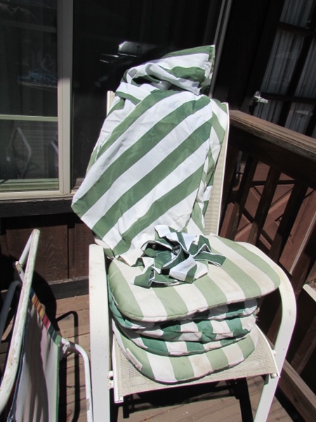 ASSORTED LAWN CHAIRS, CHAIR COVERS & CUSHIONS