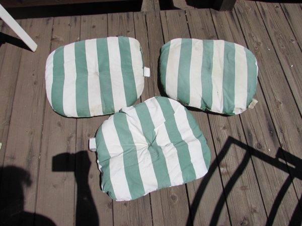 ASSORTED LAWN CHAIRS, CHAIR COVERS & CUSHIONS