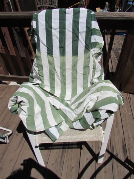ASSORTED LAWN CHAIRS, CHAIR COVERS & CUSHIONS