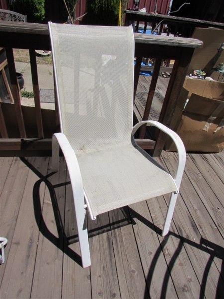 ASSORTED LAWN CHAIRS, CHAIR COVERS & CUSHIONS