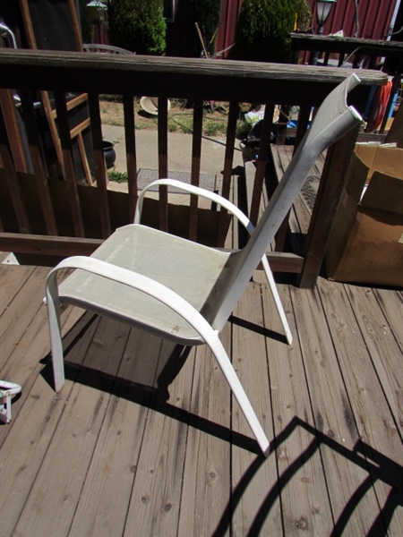 ASSORTED LAWN CHAIRS, CHAIR COVERS & CUSHIONS