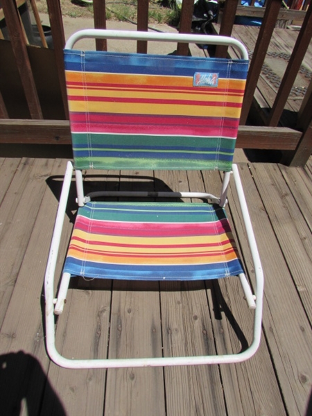 ASSORTED LAWN CHAIRS, CHAIR COVERS & CUSHIONS