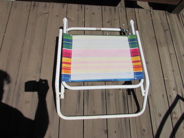 ASSORTED LAWN CHAIRS, CHAIR COVERS & CUSHIONS