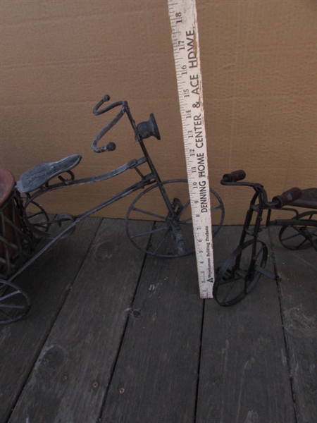 2 METAL DECORATIVE TRICYCLES, ONE WITH POT HOLDER