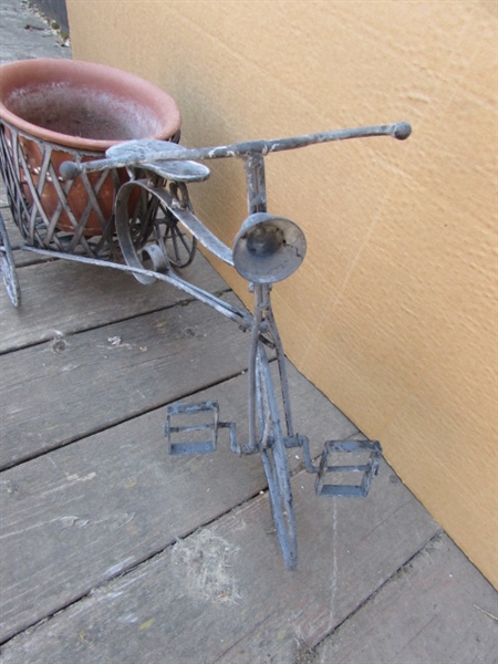 2 METAL DECORATIVE TRICYCLES, ONE WITH POT HOLDER