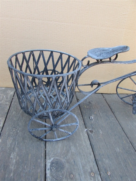 2 METAL DECORATIVE TRICYCLES, ONE WITH POT HOLDER